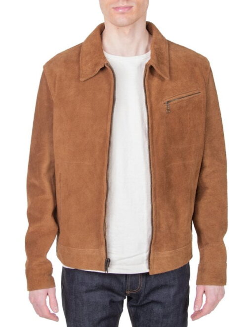 Casual Light Brown Collar Leather jacket Men - Front View