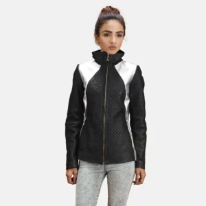 Black Alia Metallic Black Leather Biker Jacket - Front View
