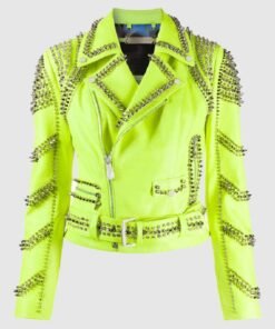 Brando Green Spiked Leather Lapel Fastener Women Studded Jacket