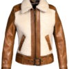 Brown Women's Sheepskin Jacket with Cowhide Trim - Product View