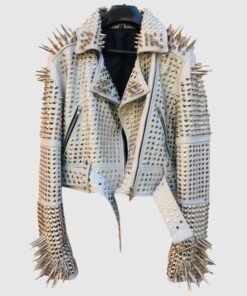 Comfortable White Color Brando Metal Spiked Leather Round Studs Jacket