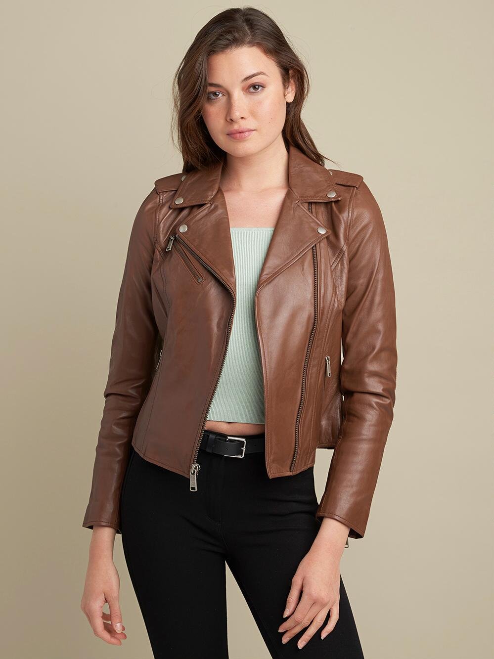 Madeline Asymmetrical Leather Jacket Brown