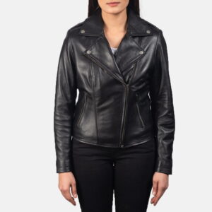 Black Flashback Leather Biker Jacket - Front View