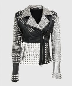 Ladies Brando Silver Black Cone Studded Leather Zippered Gothic Jacket
