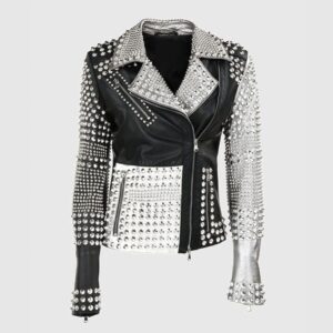 Ladies Brando Silver Black Cone Studded Leather Zippered Gothic Jacket