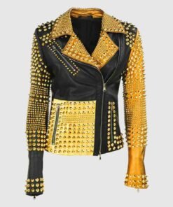 Luxury Colorful Trendy Apparel Gold Studded Punk Rock Leather Jacket