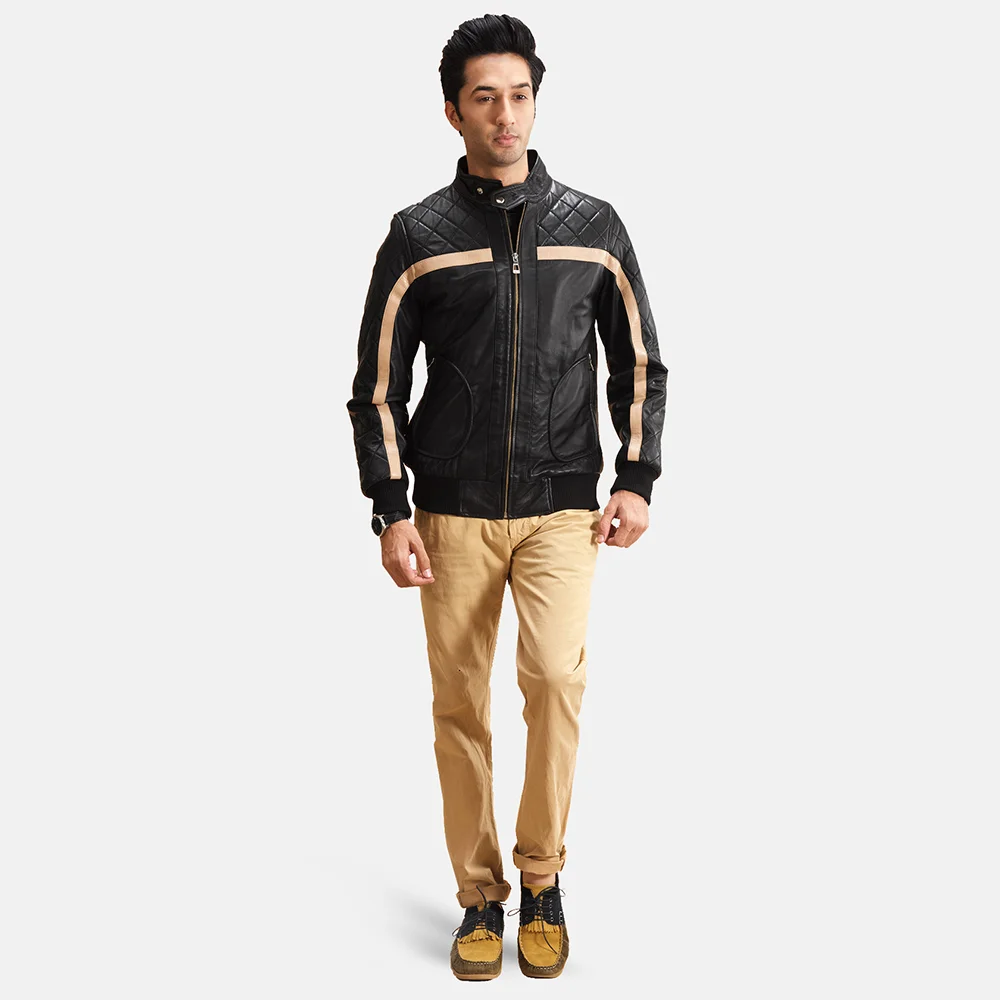 Black Danson Black Leather Bomber Jacket - Product View