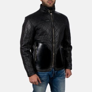 Black Equilibrium Black Leather Jacket - Front View