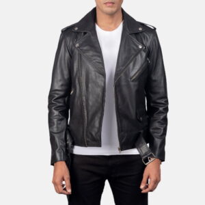 Black biker leather jacket - Front View