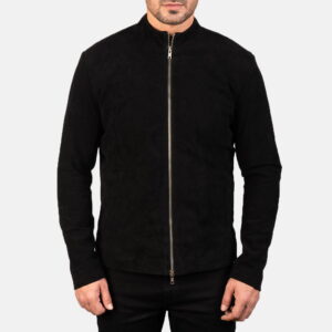 Black Charcoal Suede Biker Jacket - Front View