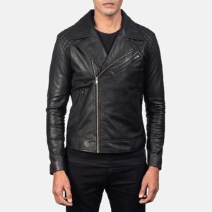 Black Danny Quilted Leather Biker Jacket - Front View