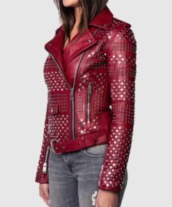 Women Burgundy Studded Leather Jacket