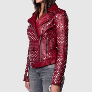 Women Burgundy Studded Leather Jacket