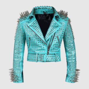 Women Silver Studs Premium Leather Zippered Spiked Brando Jacket