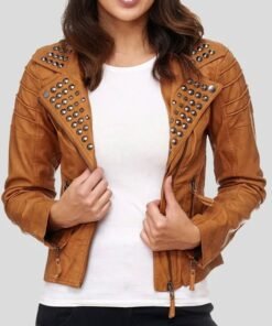 Womens Brown Studded Biker Leather Jacket