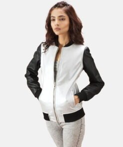Women Silver Bomber Leather Jacket