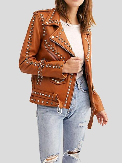 Women's Moto Biker Brown Studded Leather Jacket
