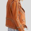 Brown Women's Moto Biker Brown Studded Leather Jacket - Side View