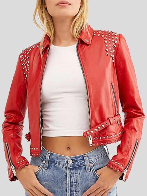 Women's Studded Red Cropped Leather Jacket