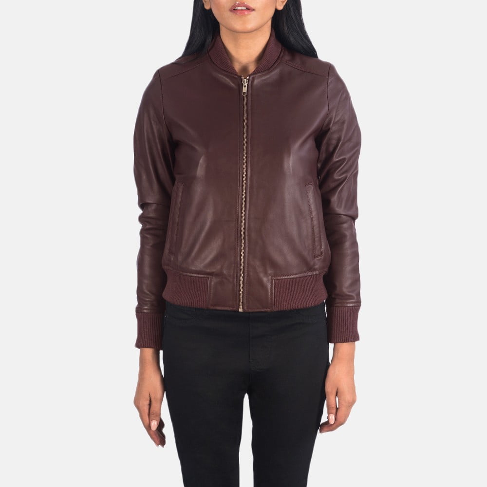 Maroon leather jackets women bomber - Front View