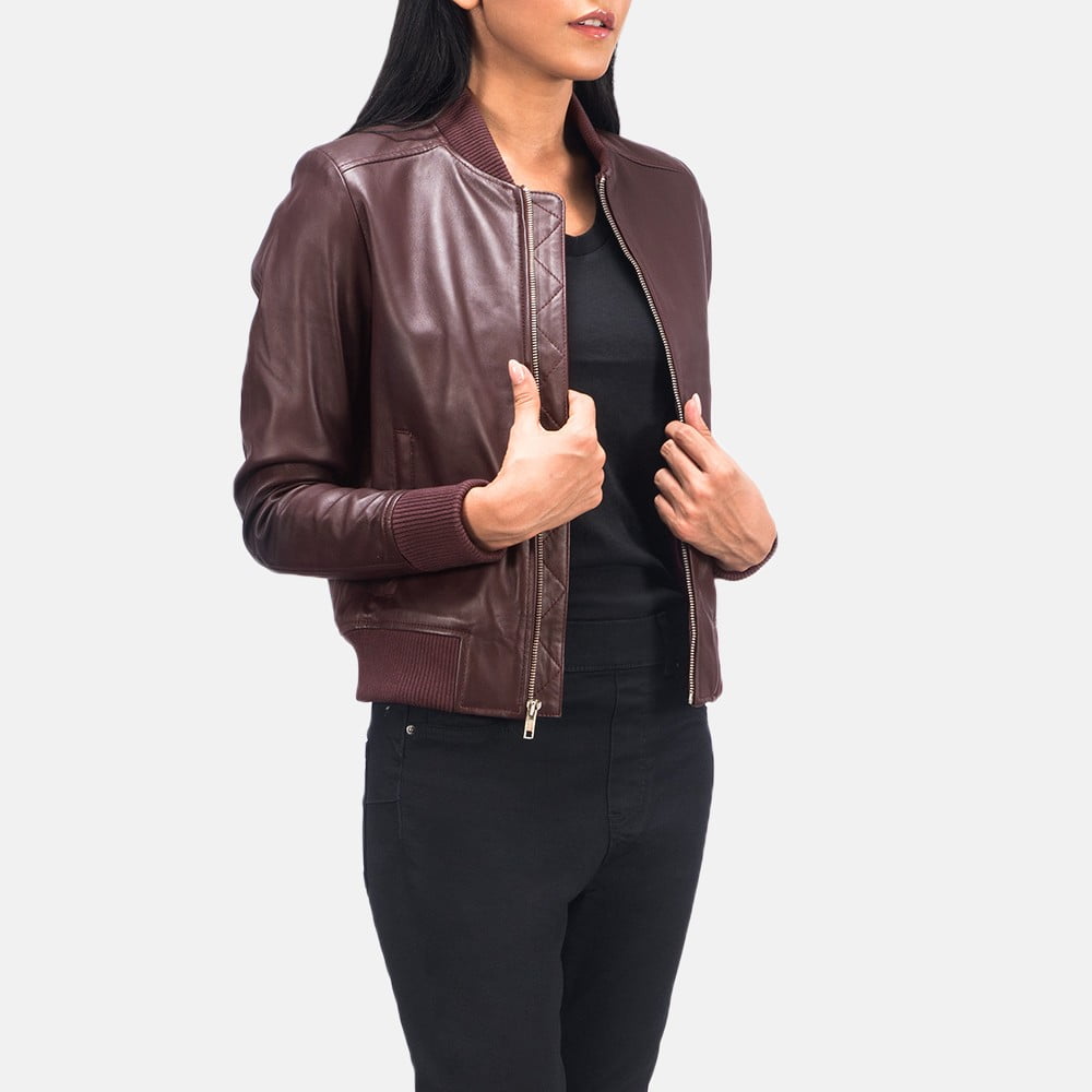 Maroon leather jackets women bomber - Back View