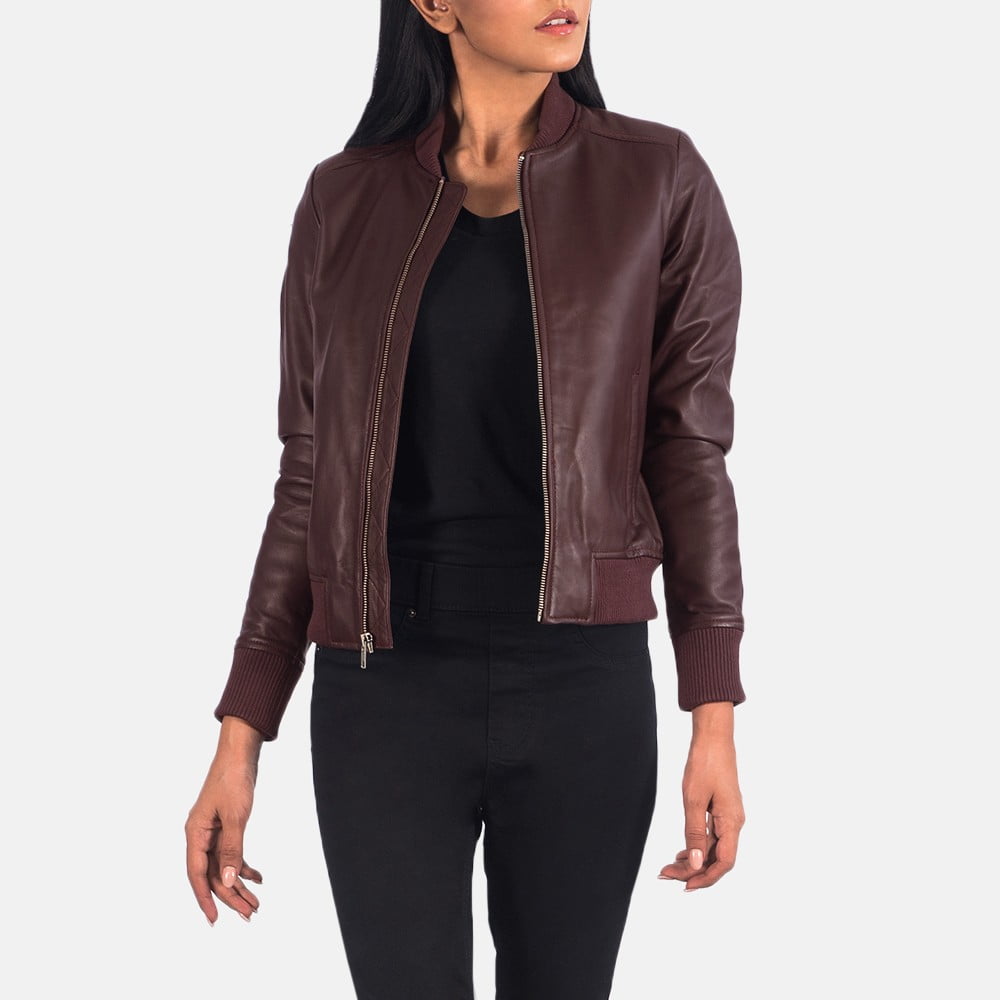 Maroon leather jackets women bomber - Back View