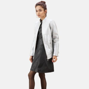 Silver Silver Leather Jacket Women - Front View