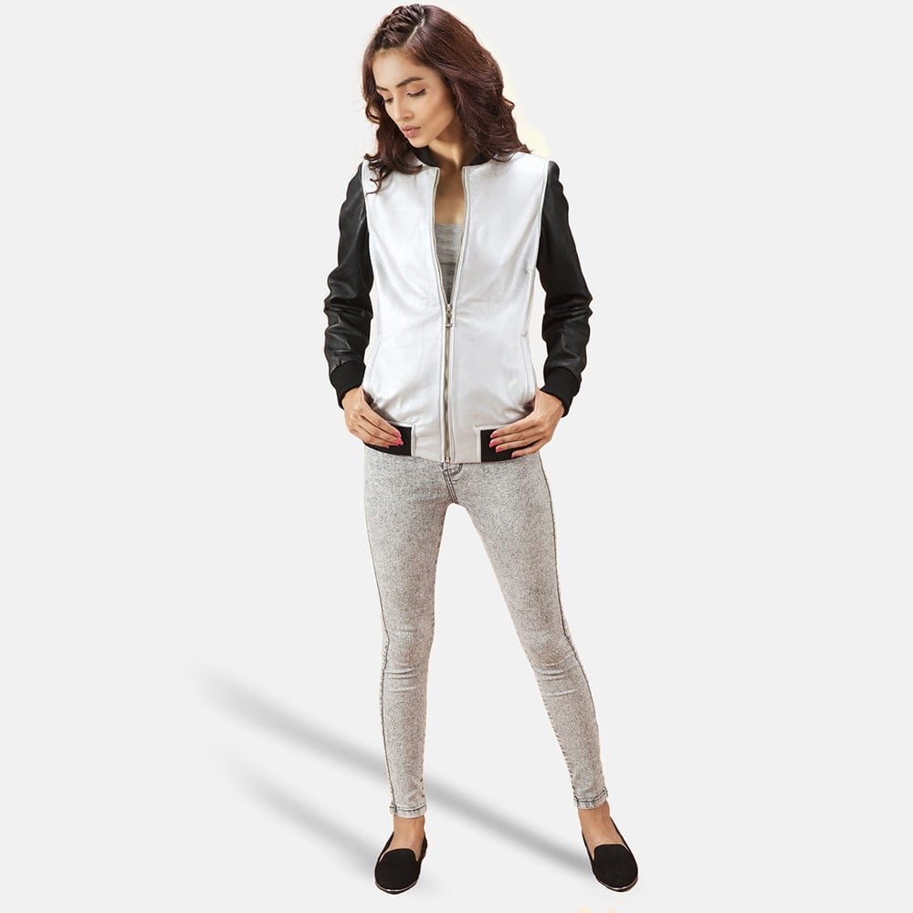 Women Silver Bomber Leather Jacket