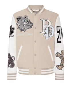 PHILIPP PLEIN WOOLEN CLOTH COLLEGE BOMBER WITH LEATHER ARMS BULLDOGS