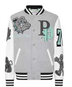 PHILIPP PLEIN WOOLEN CLOTH COLLEGE BOMBER WITH LEATHER ARMS BULLDOGS