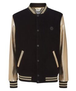 PHILIPP PLEIN WOOL COLLEGE BOMBER JACKET WITH LEATHER ARMS
