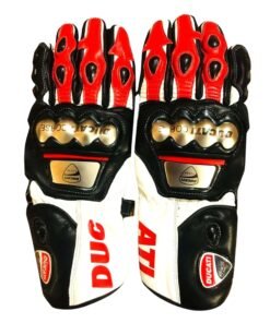 DUCATI MOTORBIKE RACING LEATHER GLOVES BLACK, WHITE & RED