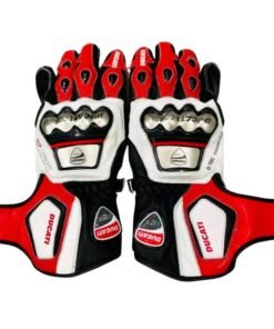 DUCATI MOTORBIKE RACING LEATHER GLOVES WHITE, BLACK & RED