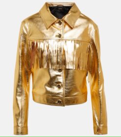Fringed metallic leather jacket gold