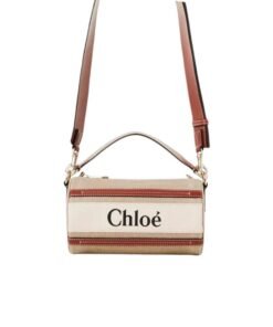 CHLOE TUBE SHOULDER BAG IN LINEN & SMOOTH LEATHER WHITE-BROWN