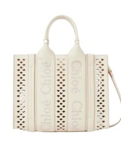 CHLOE SMALL WOODY TOTE BAG WITH STRAP MISTY IVORY