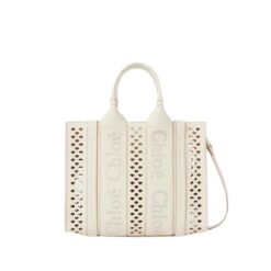 CHLOE SMALL WOODY TOTE BAG WITH STRAP MISTY IVORY