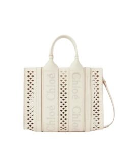 CHLOE SMALL WOODY TOTE BAG WITH STRAP MISTY IVORY