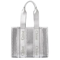 CHLOE MEDIUM WOODY TOTE BAG SILVER