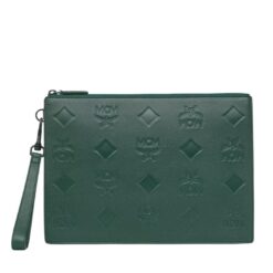 MCM AREN WRISTLET ZIP POUCH IN MAXI MONOGRAM LEATHER GREEN