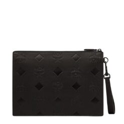 MCM AREN WRISTLET ZIP POUCH IN MAXI MONOGRAM LEATHER BLACK