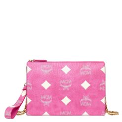 MCM Small Wristlet Zip Pouch w/ Chain Strap in Maxi Visetos Pink