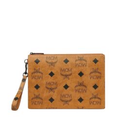 MCM MEDIUM AREN WRISTLET ZIP POUCH IN MAXI VISETOS COGNAC