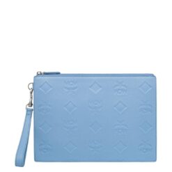 MCM MEDIUM AREN WRISTLET ZIP POUCH IN MAXI MONOGRAM LEATHER BLUE