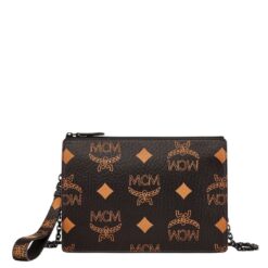 MCM SMALL WRISTLET ZIP POUCH W/ CHAIN STRAP IN MAXI VISETOS BLACK