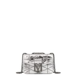 MCM MINI TRAVIA QUILTED SHOULDER BAG IN CRASH CALF LEATHER SILVER