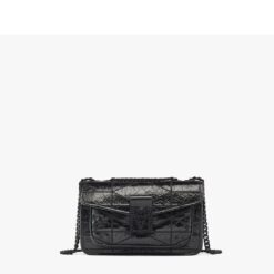 MCM SMALL TRAVIA QUILTED SHOULDER BAG IN CRUSHED LEATHER BLACK