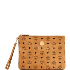 MCM MEDIUM WRISTLET ZIP POUCH IN VISETOS ORIGINAL COGNAC