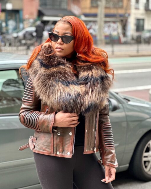 WOMEN LEATHER- WAX BLUE BIKER RIBBLES WITH MIX BLUE FOX FUR