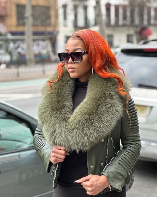 WOMEN LEATHER- OLIVE GREEN BIKER RIBBLES WITH FOX FUR